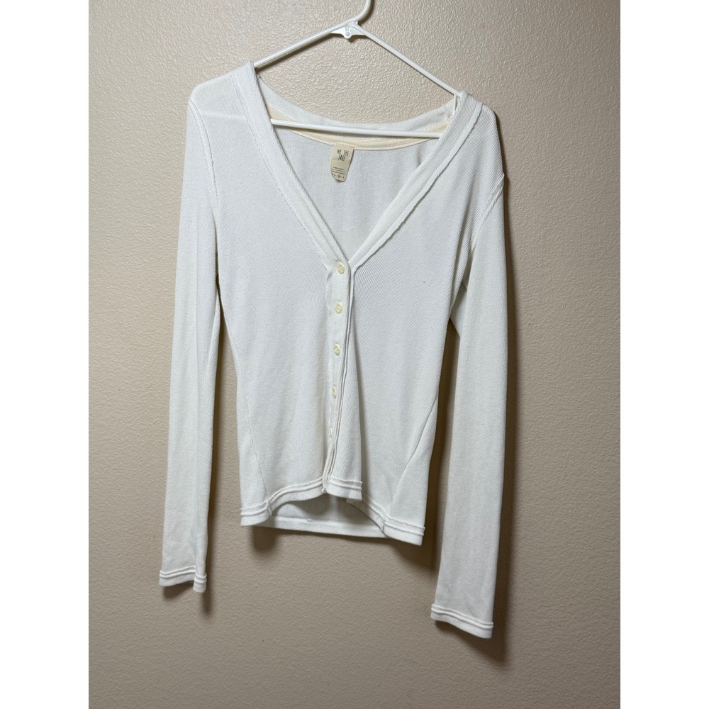 We The Free Free People White Thermal Cardigan Button Front V-Neck Top Medium